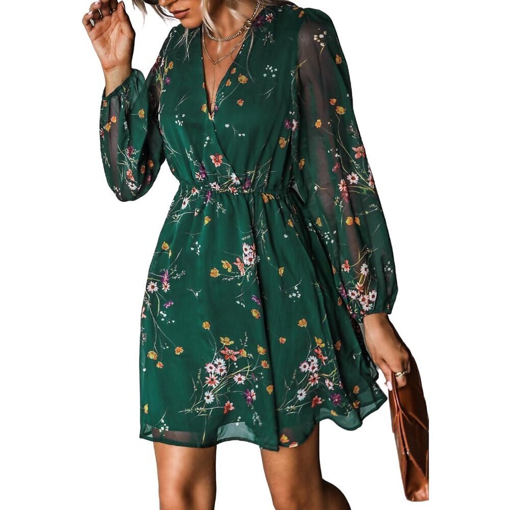 Women's Mini Dresses Casual Spring V Neck Chiffon Long Peasant Sleeves Flowy Spr